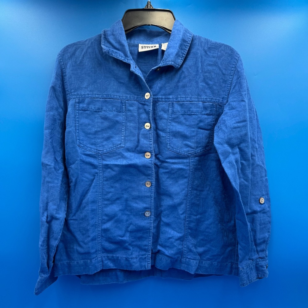 Chicos Design Blue Linen Cotton Jacquard Button Down Shirt Size 1 Damask Pockets